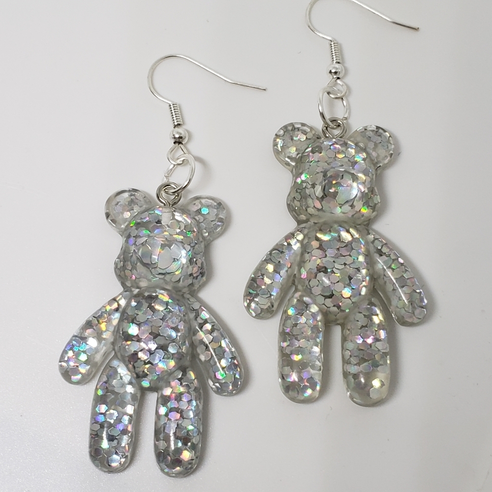 Handmade Large Silver Glitter Gummy Bear Earrings